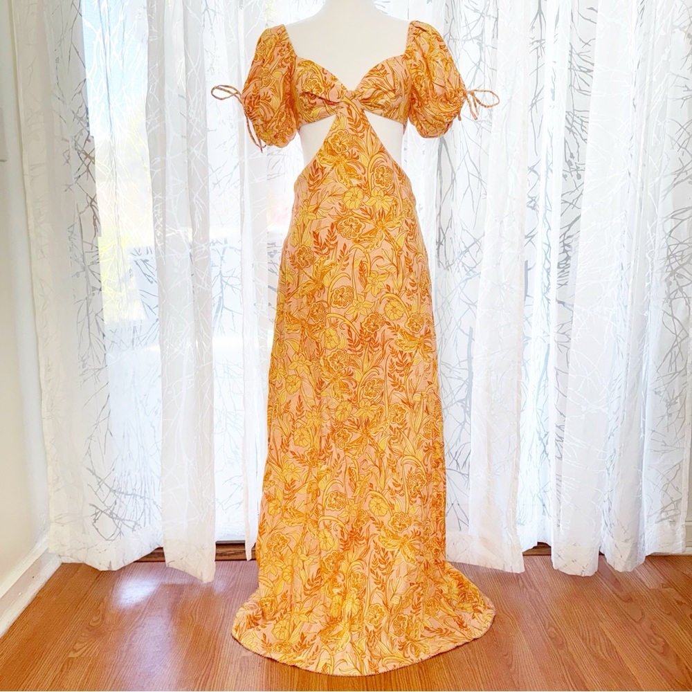 AGUA BY AGUA BENITA ORANGE PINK CIELO VUELO ATARDECER CUT OUT FLORAL MAXI DRESS